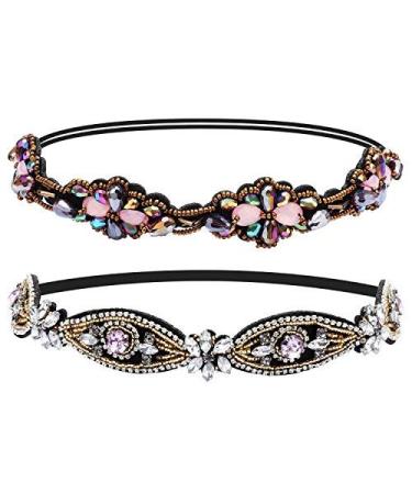 Amariver 2 Pieces Rhinestone Beaded Elastic Headband Fashion Headbands Handmade Hair Bands Hair Accessories for Lady Woman 20-25" Fits for Most Style A
