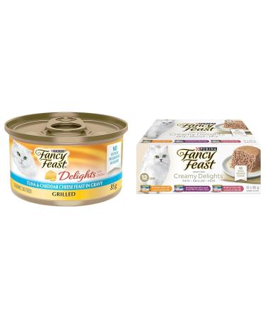 Fancy Feast Delights with Cheddar Wet Cat Food Grilled Tuna & Cheddar Cheese Feast - 85 g Can (24 Pack) & Delights Wet Cat Food Variety Pack 3 Flavours - 85 g Can (12 Pack) Cat Food + Cat Food 85 g Can (12 Pack)