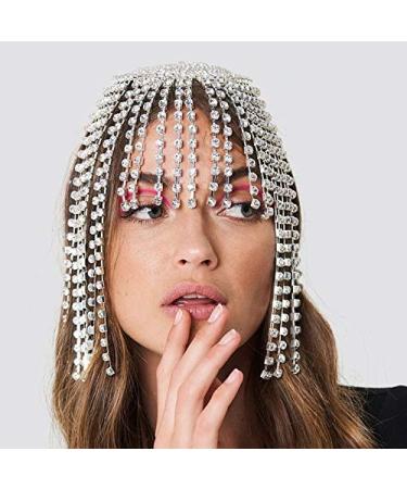 Earent Tassel Rhinestone Cap Headpiece Silver Crystal Head Chain Roaring 1920s Hair Accessories Belly Dance Party Cap Headpieces Bridal Head Jewelry for Women and Girls (A-Silver tassel)