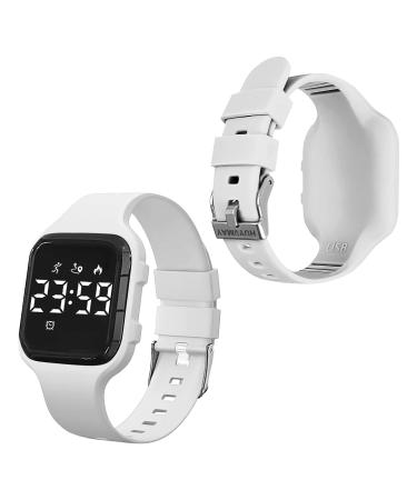 HUYVMAY Kids Fitness Tracker Pedometer Watch Non Bluetooth Fitness Tracker Without App and Phone 1 Hour Charging for 21 Days Use LED Sports Watch with Alarm Clock Timer Calories Counter White