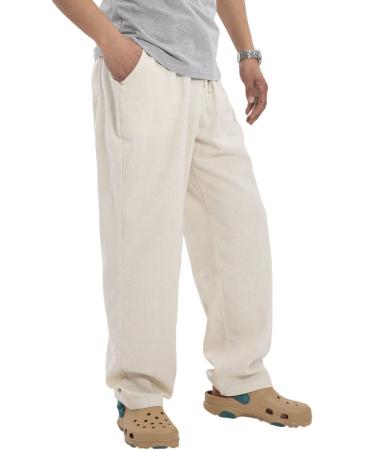 Bonnorth Men's Linen Loose Drawstring Elastic Waist Wide Leg Solid Casual Pants Khaki X-Large