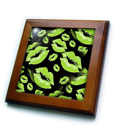 3dRose 8x8 Framed Tile - Two Kisses Collided Lip Smacking Lime Colored Lips Pattern Pattern - Lipstick Kisses