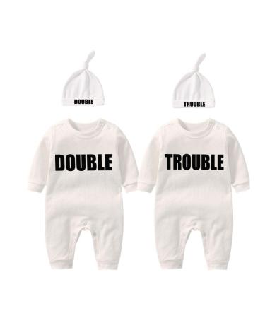 culbutomind Baby Twins Bodysuits Double Trouble Newborn Unisex Baby Romper Cute Outfit With Hat White BT 9-12 Months