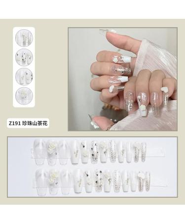 MENILITHS French White Diamond Pearl Mountain Camellia Bridal Wedding Dress Nail Art False Nails Acrylic Fake Nails Full Cover Nails Tips Artificial Finger Manicure for Women and Girls - Buy Online on GoSupps.com