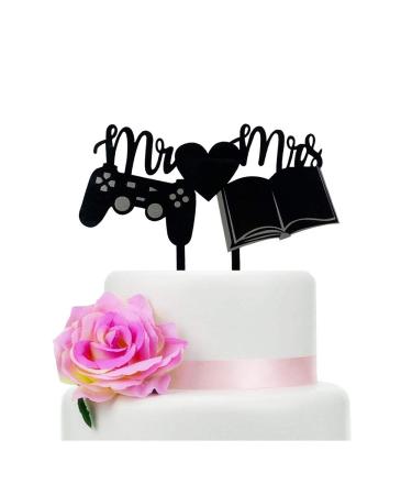Mr & Mrs Wedding Cake Topper with Gamepad and Book Romantic Style Wedding Cake Topper Creativity Wedding Cake Topper Black Silhouette Cake Topper(Book)