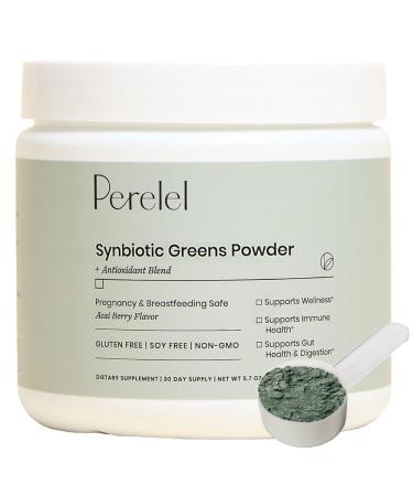 Perelel Synbiotic Greens Powder Superfood Blend with Fruits Vegetables Probiotics Fiber Spirulina & Chlorella Daily Greens Supplement Soy & Gluten Free Non GMO Acai Berry Flavor 30 Servings