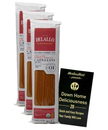 DeLallo Organic Whole Wheat Italian Pasta | Capellini No. 01 (16 Ounces) | 3 Count Plus Recipe Booklet Bundle