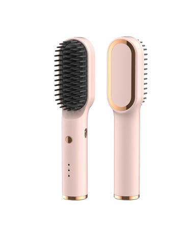ABHI Portable Hair Straightening Brush with 3 Levels Temperature Auto-Off Anti-Scald Travel Curler Styler Type C Rechargeable Cordless Hair Straightener Comb - Pink-Gold