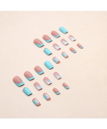 24 PCS Square Pink, White, and Blue Press on Nails with Rhinestone Accents - Medium False Nails for Women - Artificial Acrylic Full Cover Nail Tips - Glossy Finish Stick on Nails - Buy Online on GoSupps.com