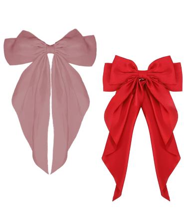 ZEVONDA Pack of 2 Big Bow Hair Clips - Solid Color Large Bowknot Hairpin Hair Clip with Long Silky Satin Tail Hair Barrettes Accessories for Girls Women Red + Pink Red + Pink (2PCS)