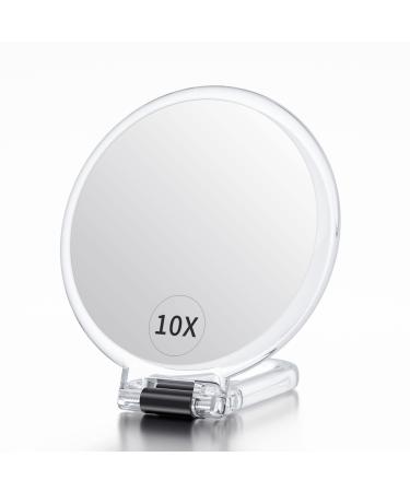 BEAUTIFIVE Hand Mirror with Handle 10X/1X, Double Sided Magnifying Make up Mirror with Stand, Foldable Hand Held Compact Mirror for Makeup, Portable Travel Makeup Mirror for Women Transparent