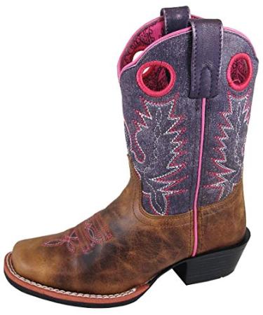 Smoky Mountain Boots | Ellie Series | Youth Western Boot | Square Toe | Genuine Leather | Rubber Sole & Walking Heel | Leather Upper & Tricot Lining Brown Waxed/Vintage Purple 2 Little Kid