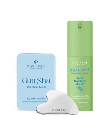 PLANTIFIQUE Gua Sha M tal pour Skincare et Massage du Visage & Serum Visage Jojoba Bio Oil - Gua Sha Huile Massage Hydratant et Anti Rides Puissant - 30 ml