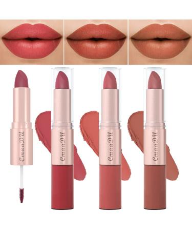 evpct 2 In 1 Red pink Mauve Nude Brown Beige Matte Lipstick & Long Lasting Smudge Proof Liquid Lipstick Lip Gloss Stain 3Pcs Set for Women Matte Mate Vegan Long Wear Waterproof 24 Hour Lipstick Pack D-3Pcs-010203 3 Co...