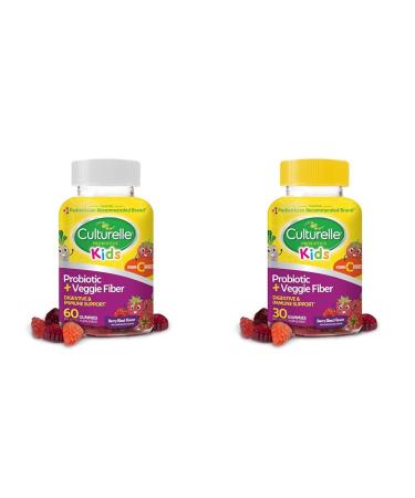 Culturelle Kids Daily Probiotic + Veggie Fiber Gummies (60 & 30 Count) - Berry Flavor Digestive & Immune Health Support Kids (60 Count)+ Veggie Fiber Gummies
