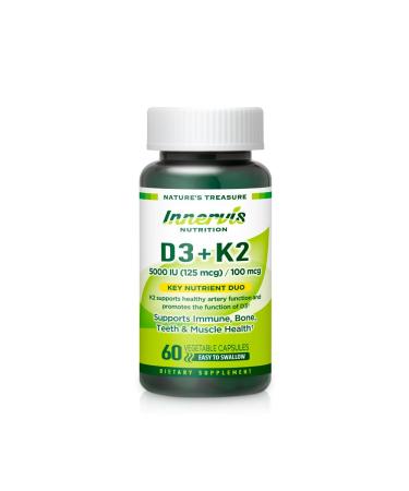 INNERVISNUTRITION Vitamin D3 5000 IU + K2 MK-7 100mcg Bone Heart & Immune Support Easy to Swallow 60 Capsules