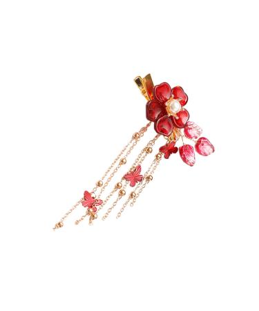 Ipetboom Tassels Hair Clips Hair Pin Hair Barrettes Flower Hairpins Flower Shape Hairpins Antique Style Barrettes Clip Red Chinese Style Hair Clips