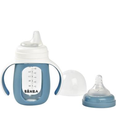 BEABA 2-in-1 Glass Baby Bottle & Training Sippy Cup 7oz - Soft Silicone Nipple, Sippy Spout - Rain | Baby Toddler Learning Cup - Buy Online on GoSupps.com