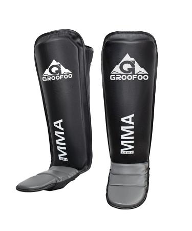 GROOFOO Muay Thai Shin Guards Kickboxing, Leg Instep Protection Pads PU Leather Training Guard for Kids Adults Boxing Martial Arts MMA Thai Muay Karate Sparring Black Medium