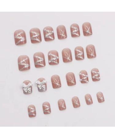 French Tip Press on Nails - Short Square Press On Nails with Nail Tips Light Luxury Sparkling Bow Glitter Rhinestones Design Glossy white press on nails Acrylic False Nails Cute Artificial Nails - Buy Online on GoSupps.com