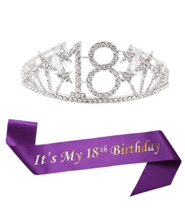 Happy 18th Birthday Tiara and Sash Gifts Crystal Rhinestone Princess Crown Birthday Girl Party Favor Supplies Silver Crowns Purple Sash Color-010 One Size
