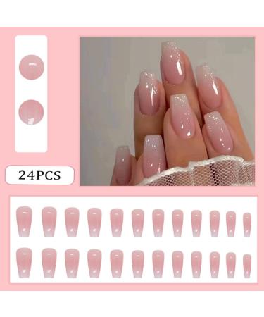 Medium Ombre Pink Press on Nails - 24pcs Coffin Shaped Acrylic Fake Nails for Women - Glossy Square Artificial Nails - Buy Online on GoSupps.com