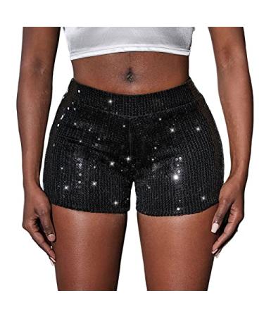 Sequin Shorts for Women High Waisted Glitter Rave Booty Metallic Shorts Casual Halloween Party Short Pants Black Small