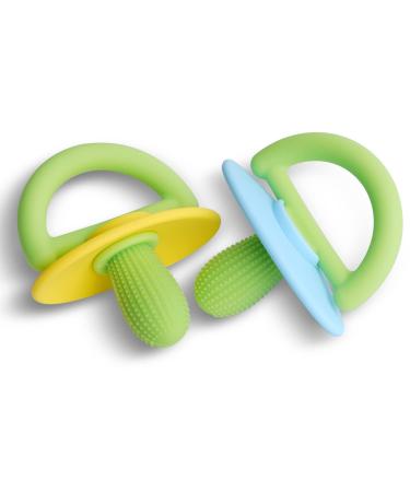 Pacifier Teether 2 Pack Silicone Baby Pacifier Chew Toys Hands-Free Teething Toys for Babies 0-6 6-12 Month Teething Relief Pacifier Freezable & Chewable Soothes Sore Gums. Blue Yellow Blue and Yellow