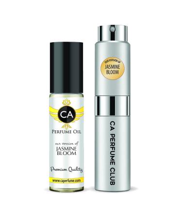 CA Perfume Duo Impression of Jasmine Bloom For Women & Men Eau de Parfum Refillable Atomizer Sprayer + Fragrance Body Oil Long Lasting Sample Travel Size Roll-On Bottle 0.27 Fl Oz+0.33 Fl Oz