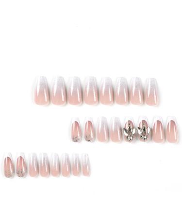 Justotry 24 Pcs Milky French Press on False Nails with Jewels - Glossy Ballerina Stick on Nails for Women - Acrylic Coffin Fake Nails Medium with Glue - Nail Art - Buy Online on GoSupps.com