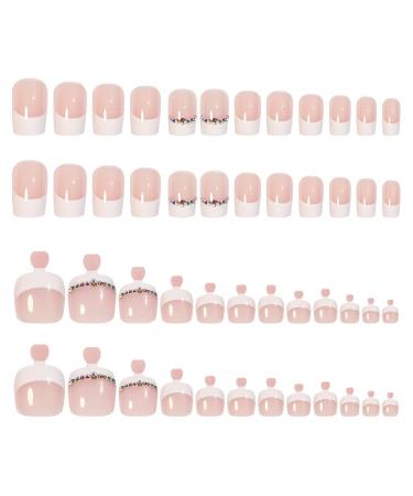 White Rhinestone French Tip Press on Toenails - 48Pcs Full Cover False Nails for Women - Buy Online on GoSupps.com