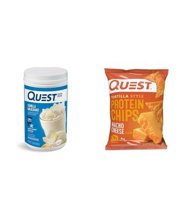 Quest Vanilla Milkshake Protein Powder 24g Protein 1.6lb + Quest Nacho Cheese Tortilla Style Protein Chips 18g Protein Pack of 12