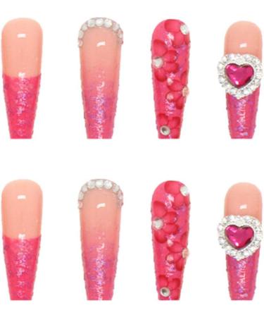 Justotry 24 Pcs Diamante Fake Nails - Long Red French Press on Nails with Flower Designs - Nude Medium Ballerina Stick on Nails for Women - Acrylic Coffin False Nails with Glue for Nail Art - Buy Online on GoSupps.com