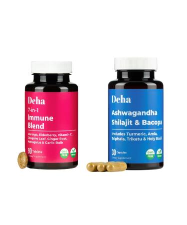Deha Immune Balance Bundle 7-in-1 Immune Support Tablets with Moringa Elderberry & Vitamin C + Ashwagandha Shilajit Bacopa Capsules for Stress Energy & Focus Immune Cognitive Support Non-GMO