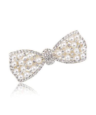 EMZHOLE Elegant Rhinestone Pearl Bow Hair Barrette - White | Crystal Headdress Hairpin and Accessories - Buy Online on GoSupps.com