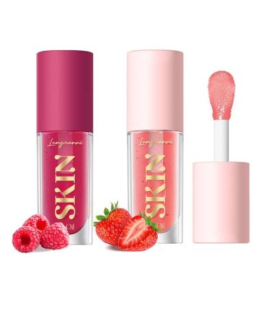 2 Pack Big Brush Head Lip Gloss Hydrating Lip Oil Set Pink Clear Fruit Flavoured Plumping Lip Gloss Moisturizing Non-Sticky Fresh Texture Lip Blam (Raspberry+Strawberry)