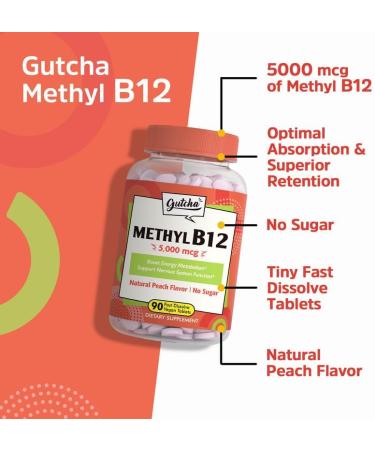 Gutcha Vitamin B12 5000 mcg Bioactive Methylcobalamin | Nerve, Heart, & Brain Health | Energy Production | Non-GMO & Gluten-Free | Natural Peach Flavor | 90 Vegan Fast Dissolve Tablets - Buy Online on GoSupps.com