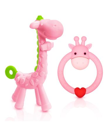 SHARE&CARE BPA Free 2 Silicone Giraffe Baby Teether Toy with Storage Case, for 3 Months Above Infant Sore Gums Pain Relief and Baby Shower, Set of 2 Different Teething Toys (Pink)