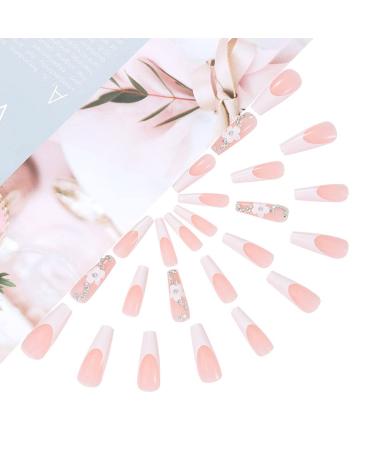 Brishow Pink Artificial Long French Press On Nails with Crystal Flower - 24 Ballerina Acrylic False Nails for Women & Girls - Buy Online on GoSupps.com