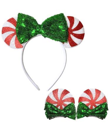 1 Pc Christmas Mouse Ears Headband & 2 Pcs Hair Bows Clips | Peppermint Costume Candy Cane Gingerbread Hair Bow Headbands Accessories for Kids Girls Women Baby