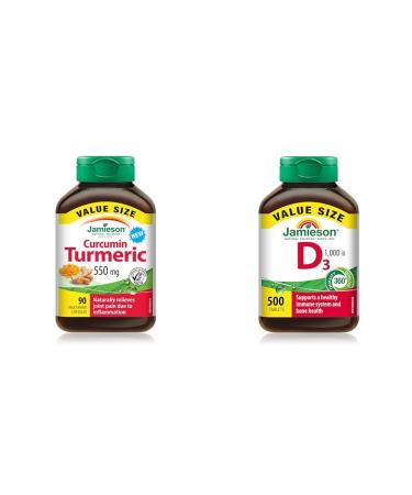 Jamieson Turmeric Curcumin 90 count - Value Size & Vitamin D 1 000IU 500 Tablets