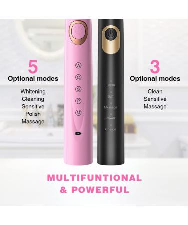 Dnsly Electric Toothbrush 2 Pack with 10 Brush Heads - Travel Rechargeable Sonic Toothbrush for Adults and Kids - 30 Day Battery Life - 2 Minute Timer - Black and Pink - Buy Online on GoSupps.com