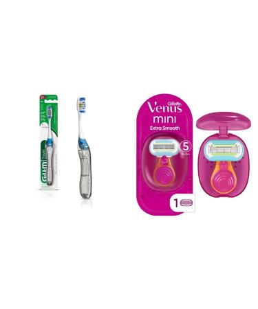 GUM Folding Travel Toothbrush with Antibacterial Soft Bristles (Pack of 6) & Gillette Venus Mini Extra Smooth Razors for Women Includes 1 Venus Mini Razor 1 Razor Blade Refill 1 Travel Case 6 Brushes Toothbrush + Smooth Razors