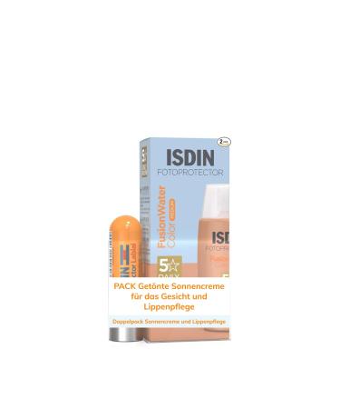 ISDIN Pack Fusionwater Color Medium LSF 50 ultra -light tinted sunscreen for the face effect and water formula 50 ml and lip balm with SPF 30 repaired and moisturized fusion water medium pack with lip balm