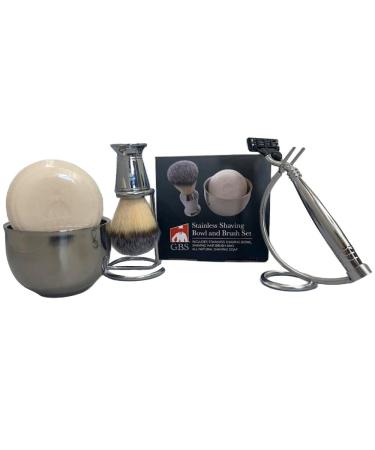 G.B.S Men's Grooming Set-Triple Blade Razor with Stainless Steel Handle Badger Shave Brush with Stainless Steel Brush & Razor Stand Chrome Shaving Bowl Natural Shaving Soap