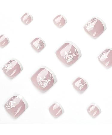 RODAKY Square French White Border Flower Toenail Art - 24Pcs Fake Nail Tips for Women - Buy Online on GoSupps.com