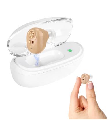 Hearing Aid for Seniors Rechargeable, Upgraded Hearing Amplifier Device for Adults, Noise Cancelling Sound Amplifier with Portable Base, Long Duaration Battery, Single Ear, Beige