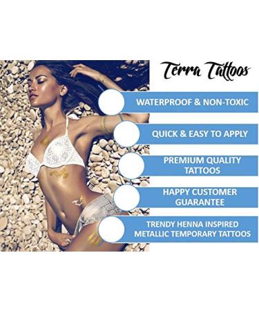 Terra Tattoos Gold Metallic Temporary Tats - 75+ Boho Henna Designs with Feathers, Tribal Elephants - Waterproof, Nontoxic, Long Lasting - Ideal for Beach, Festivals & More! - Buy Online on GoSupps.com