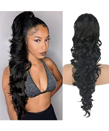 LEOSA Long Body Wave Drawstring Ponytail for Black Woman Black Ponytail Drawstring Hair Extensions Hair Buns Curly Wavy Synthetic Clip in 28 Inch Hair Extensions Ponytail Hairpieces (28Inch  1B) 28 Inch 1B
