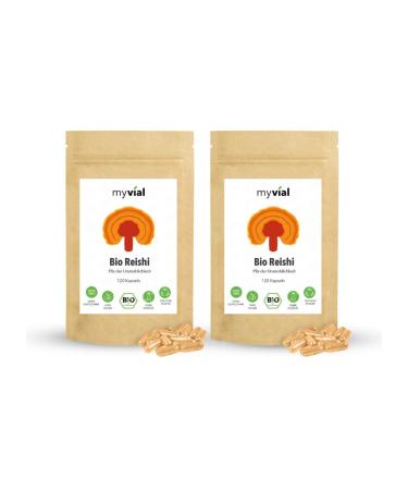 Myvial Bio Reishi capsules 120 pieces vegan 60 days supply 400mg per capsule - natural rishi mushroom 100% vegetable plastic -free - ganoderma lucidum glossy paint porling (2 x 120 (piece)) 120 pieces (2 pack)